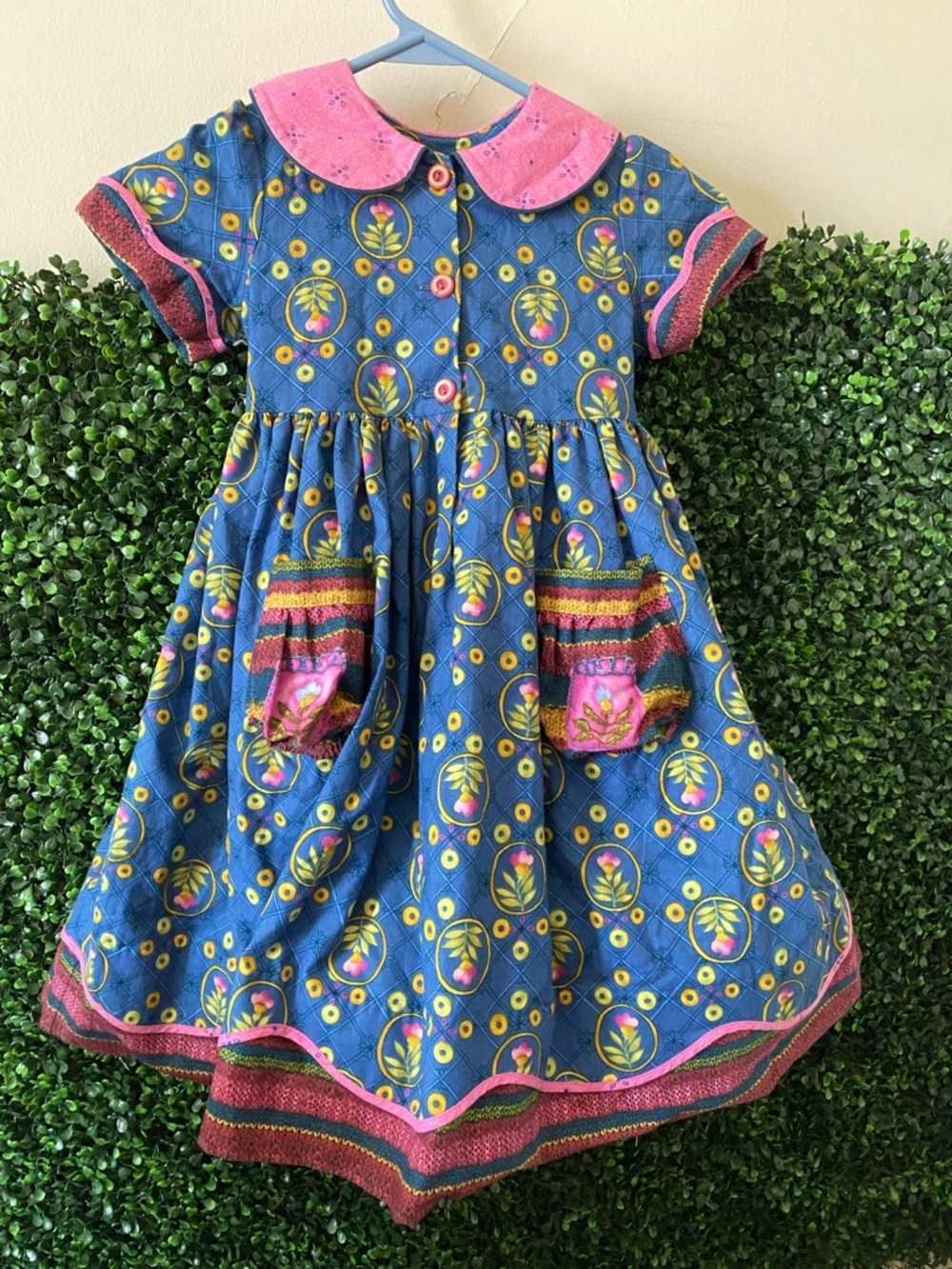 Vintage Daisy Kingdom Girls Blue Floral Pocket Dress with Pink Collar